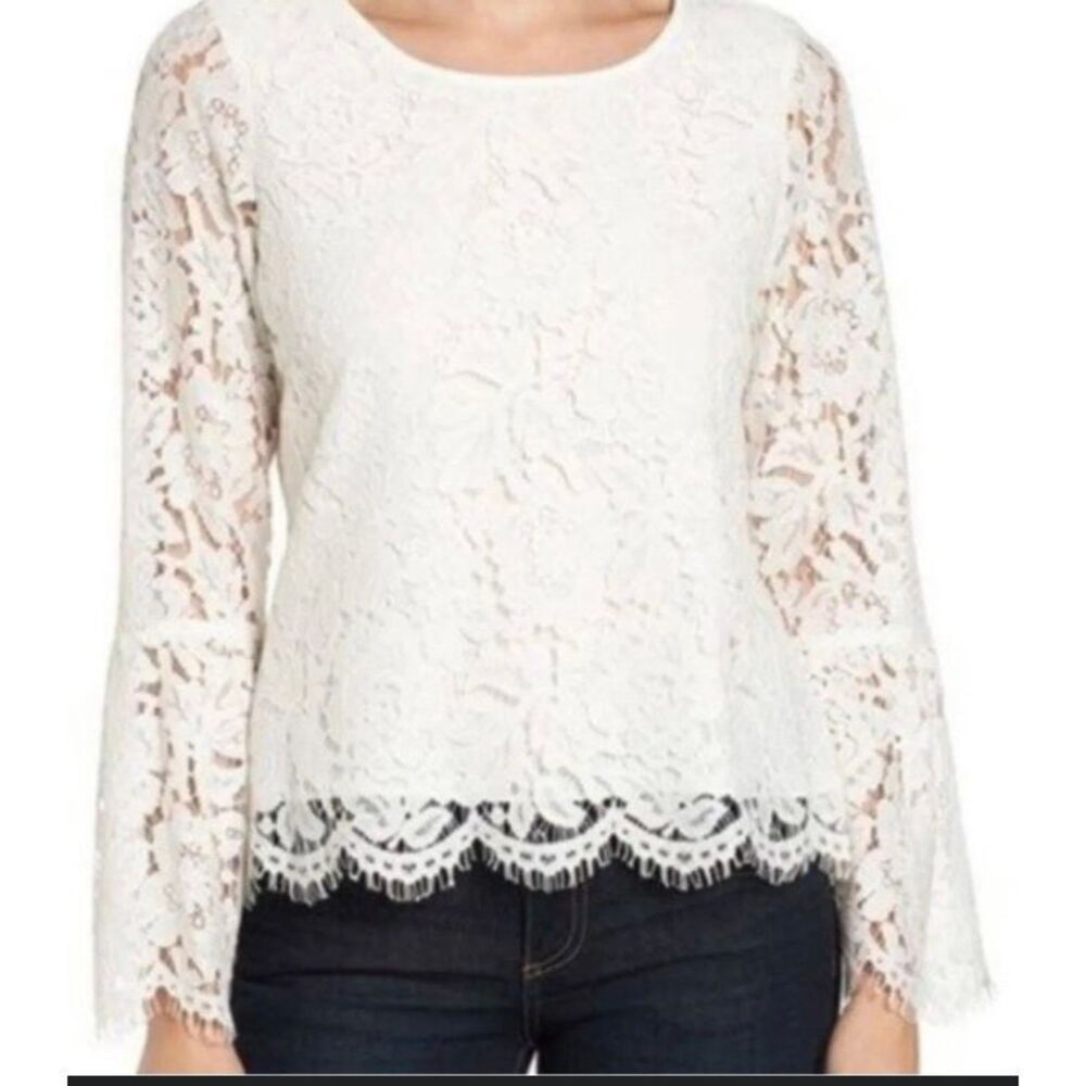 VINCE CAMUTO - L Sz Med Ivory Lace Long-Sleeve Lined Blouse w/Bell Sleeves. EUC - Picture 5 of 12